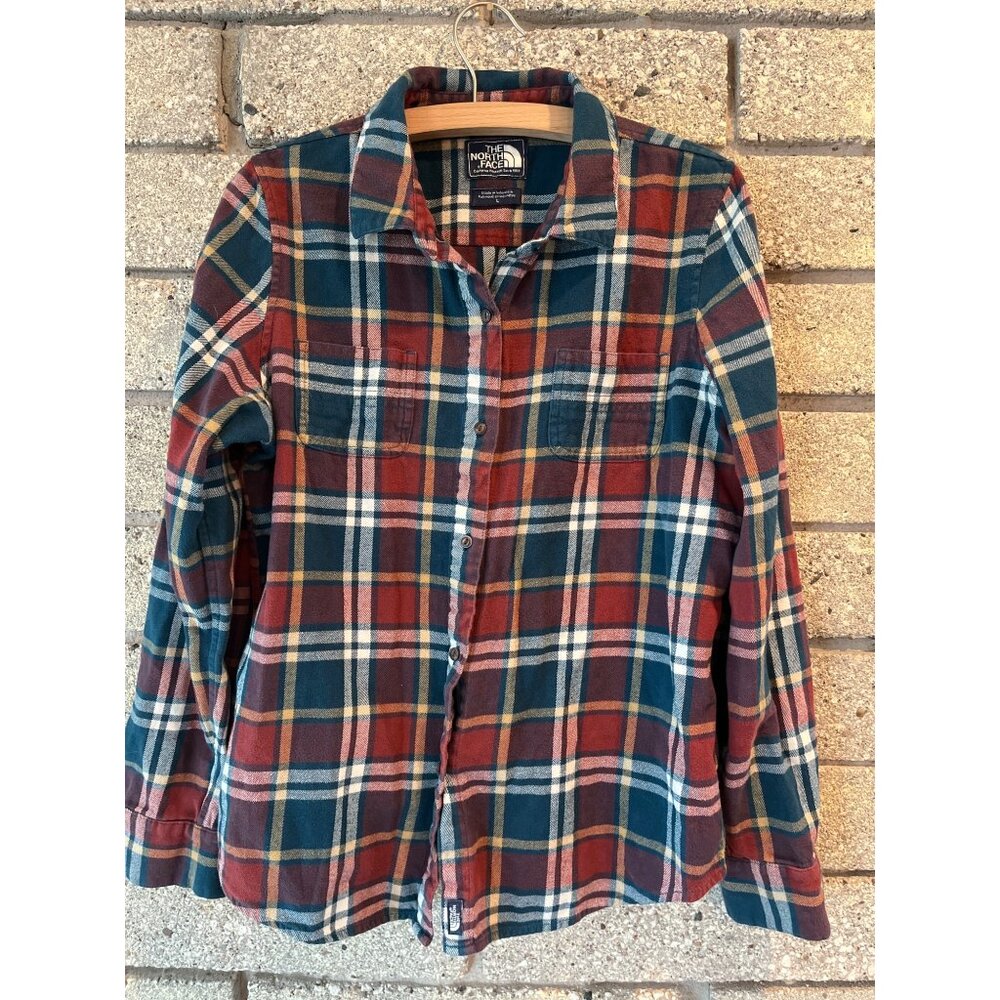 The North Face Plaid Button-Up Flannel Shirt L Red/Blue Long Sleeve Made In Indo
